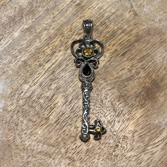 Vintage BJC Samuel Benham Garnet & Citrine Sterling Silver 18K Gold Key Pendant - Picture 3 of 16